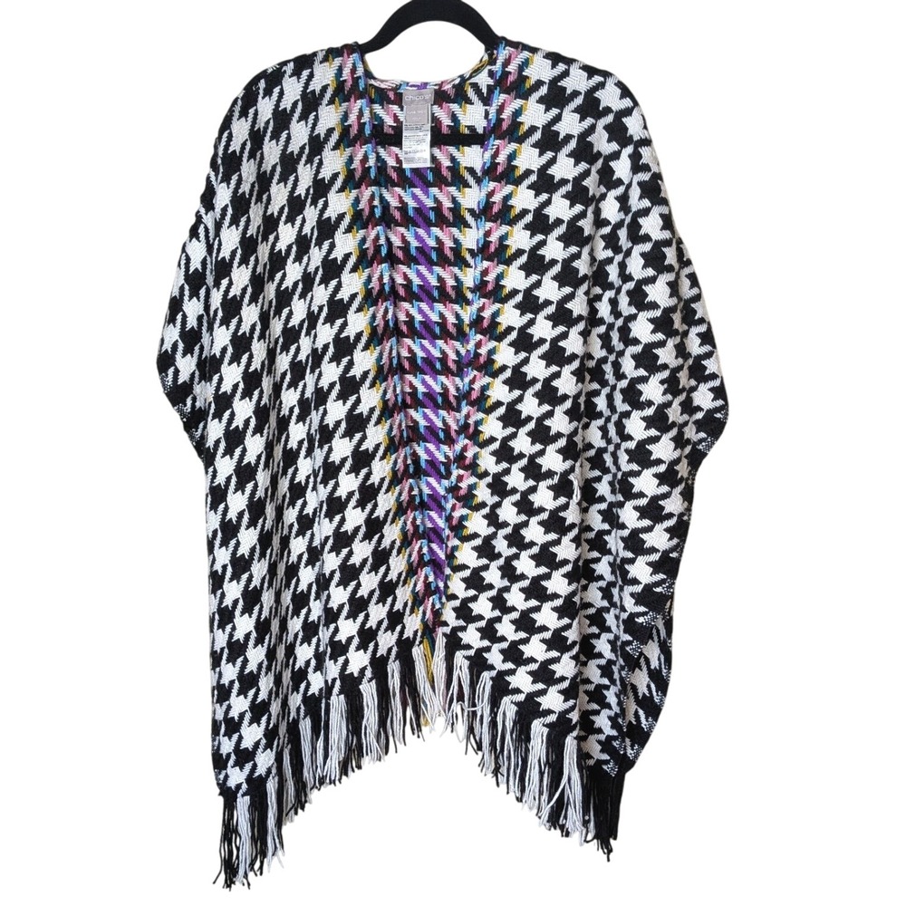 Chico's Oversized Houndstooth Fringe Poncho One Sz Black White with Rainbow Trim